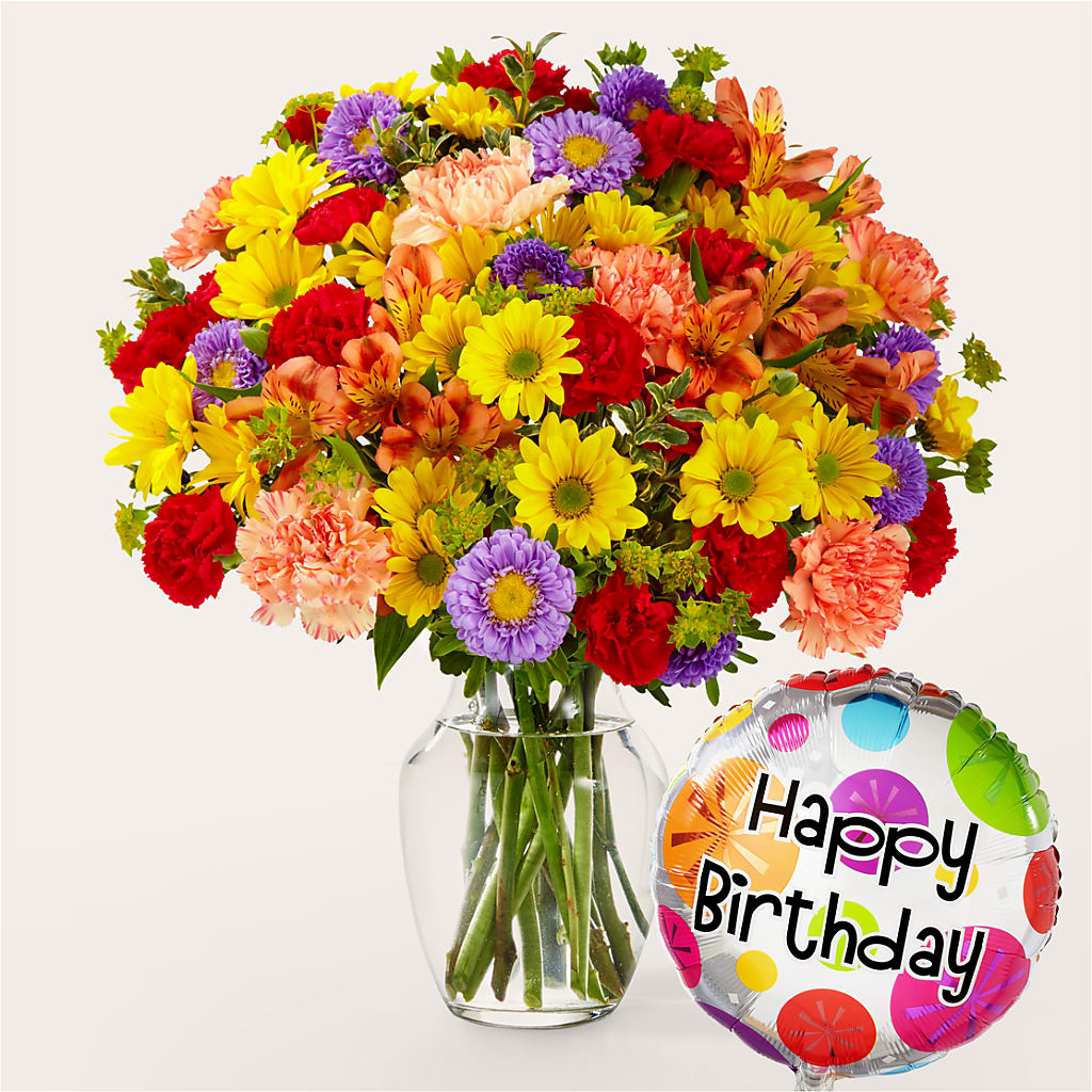Kaleidoscope Bouquet with Birthday Balloon – J Flowers, Tipp City OH