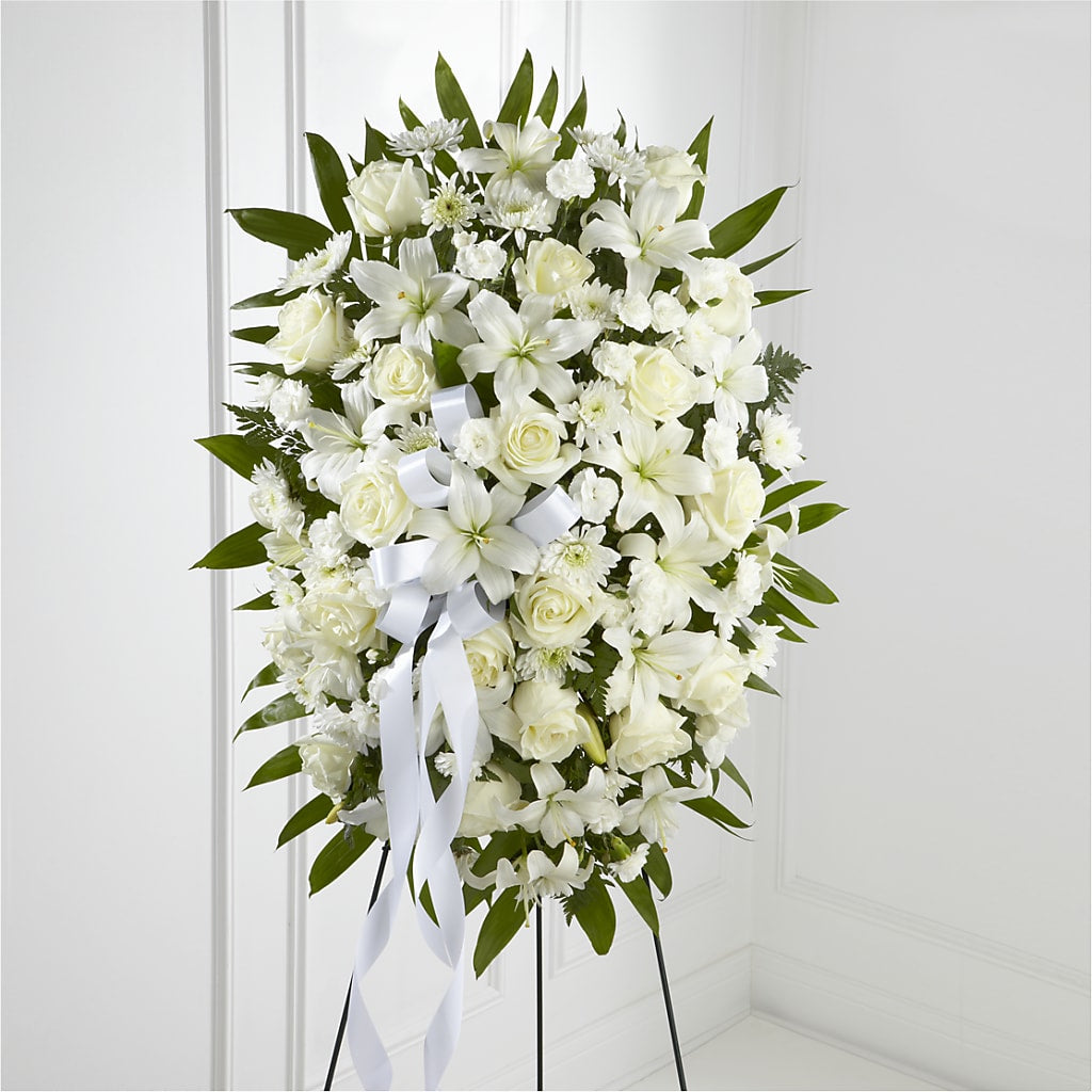 Exquisite Tribute Standing Spray-White Ribbon – J Flowers, Tipp City OH